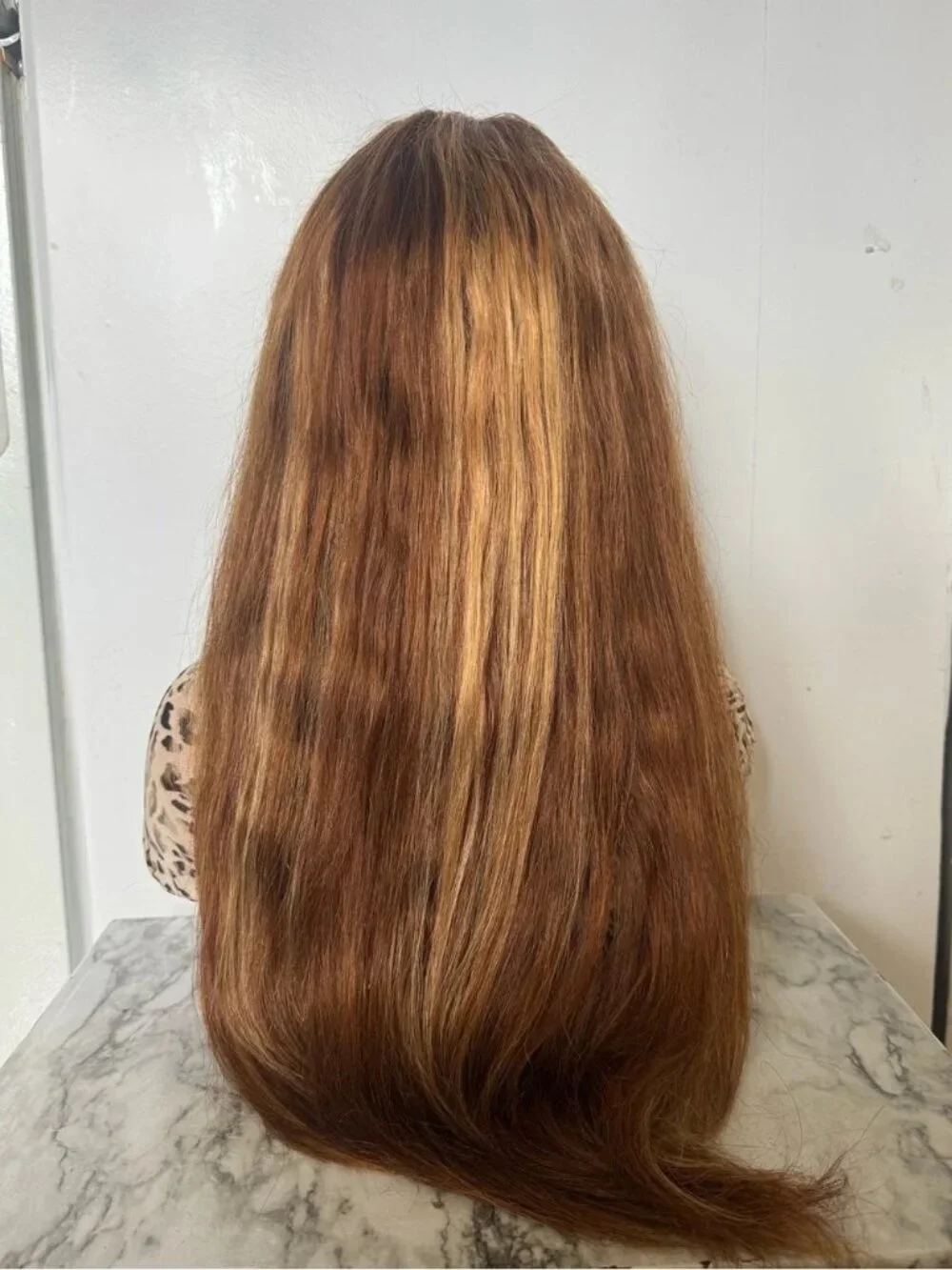 100% Human Hair Lace Front Wig Medium Brown Straight Highlighted Pre-Owned - Picture 7 of 10